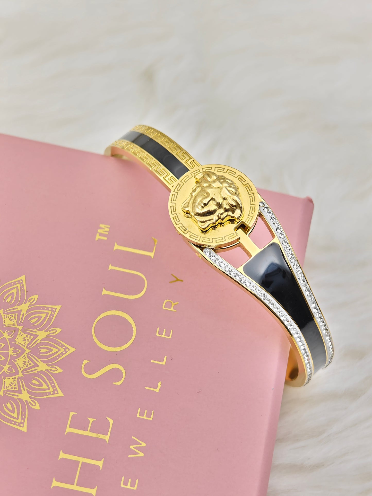 18K Gold Plated Anti-Tarnish Lion Medallion Bangle – Sleek Statement Bracelet with Black Enamel & Crystal Accents RGB490