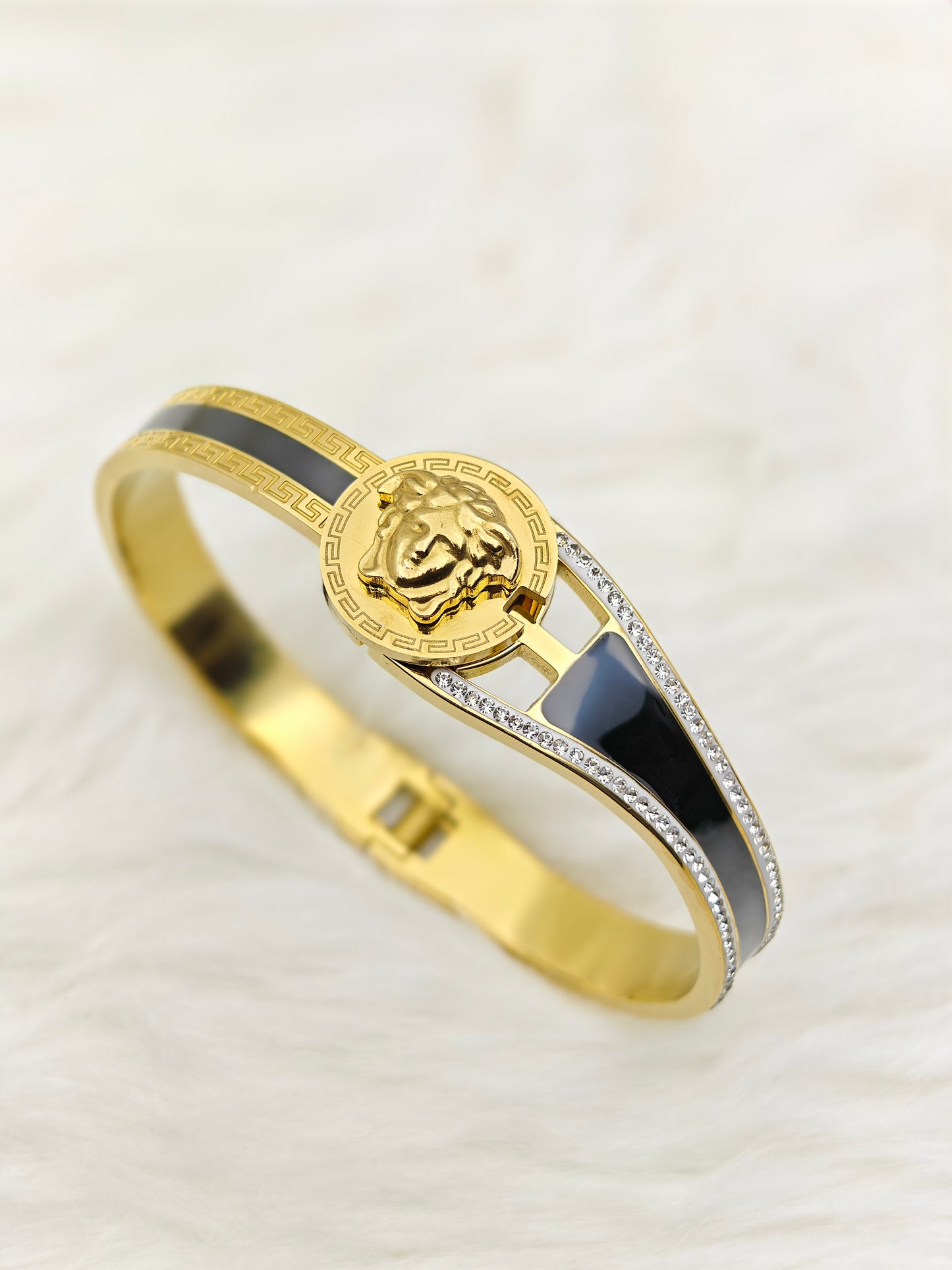 18K Gold Plated Anti-Tarnish Lion Medallion Bangle – Sleek Statement Bracelet with Black Enamel & Crystal Accents RGB490