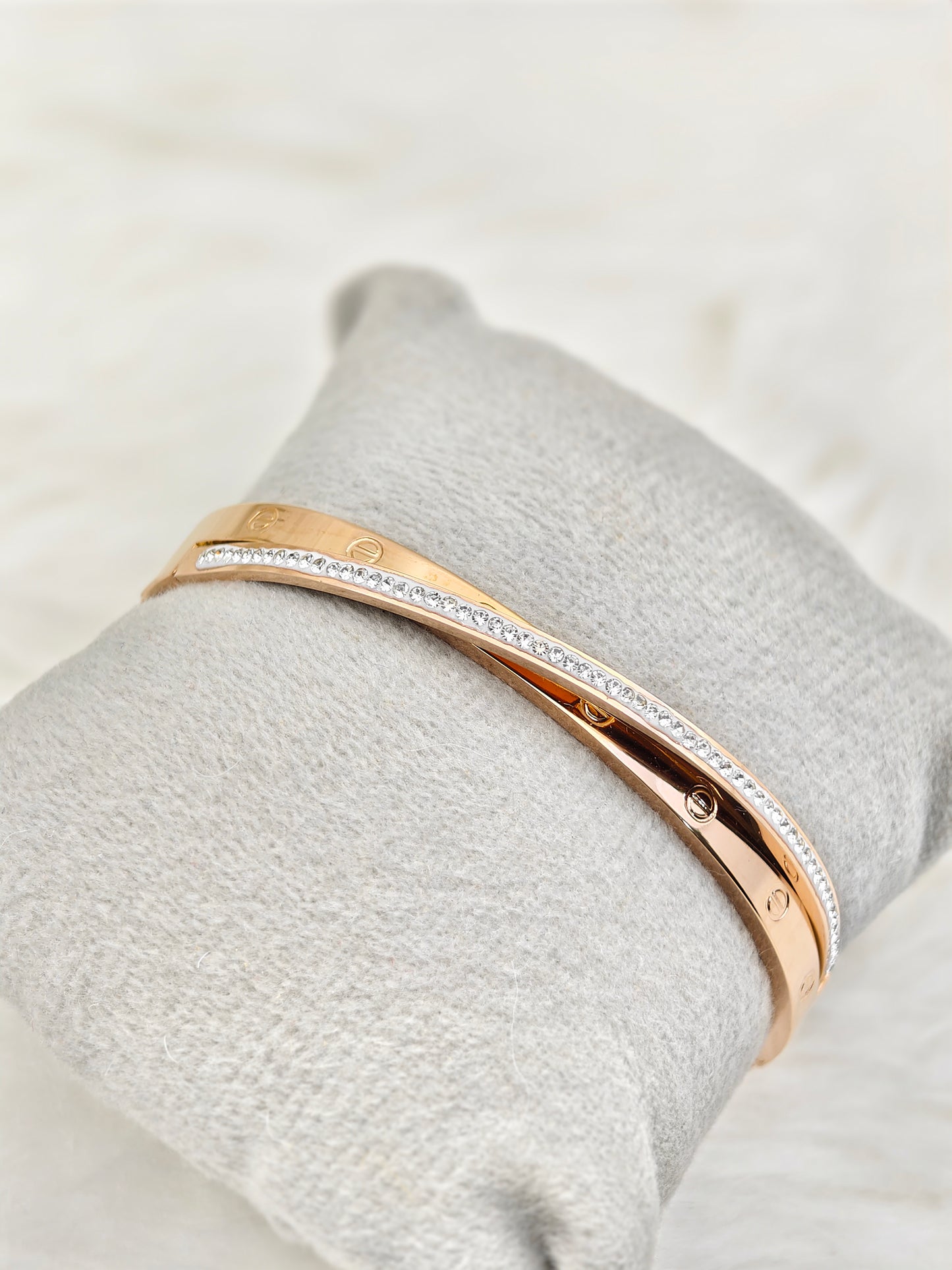 18K Rose Gold Plated Anti-Tarnish Dual Bangle – Elegant Crystal Studded Statement Bracelet for Women RGB503