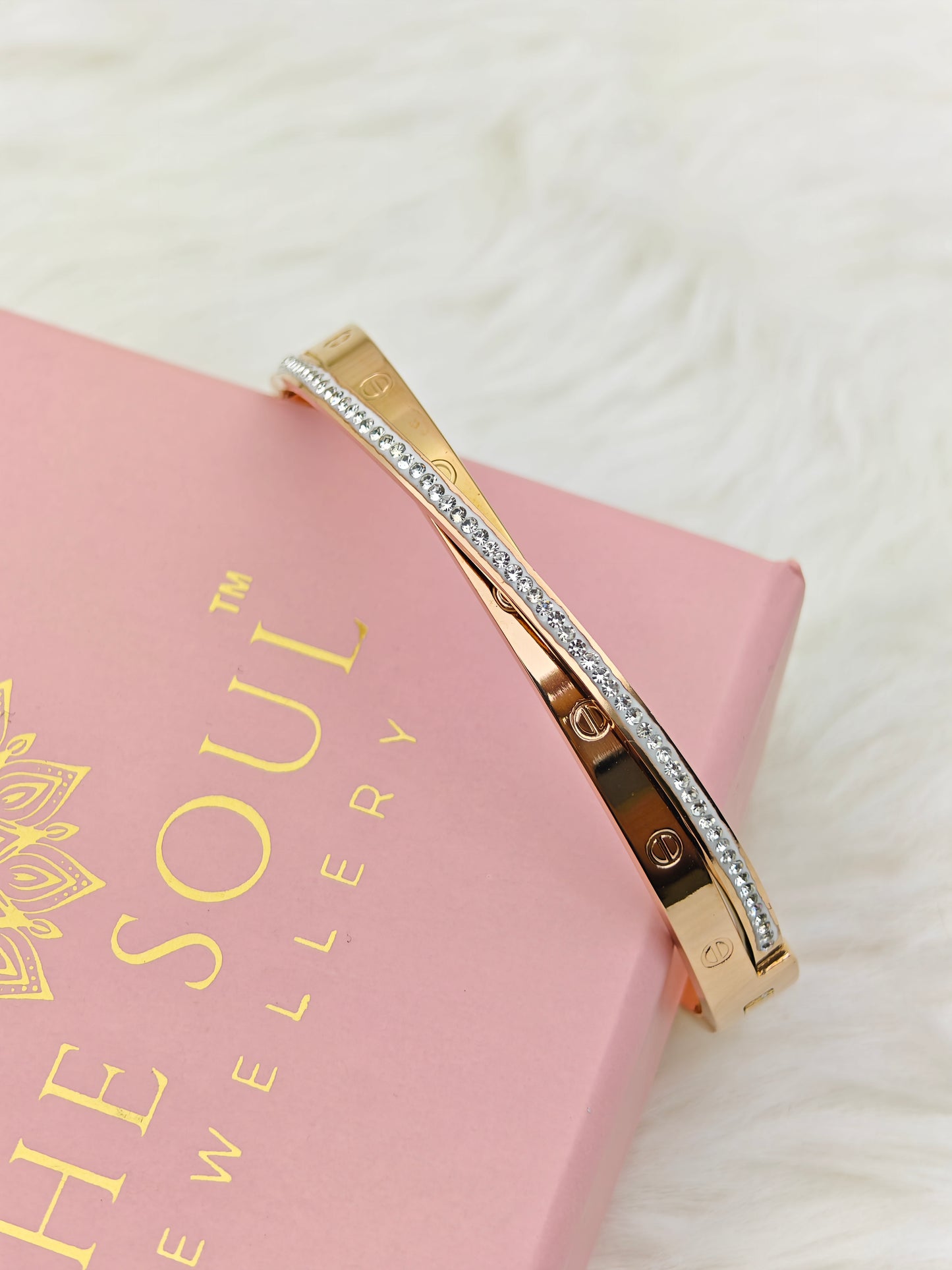18K Rose Gold Plated Anti-Tarnish Dual Bangle – Elegant Crystal Studded Statement Bracelet for Women RGB503