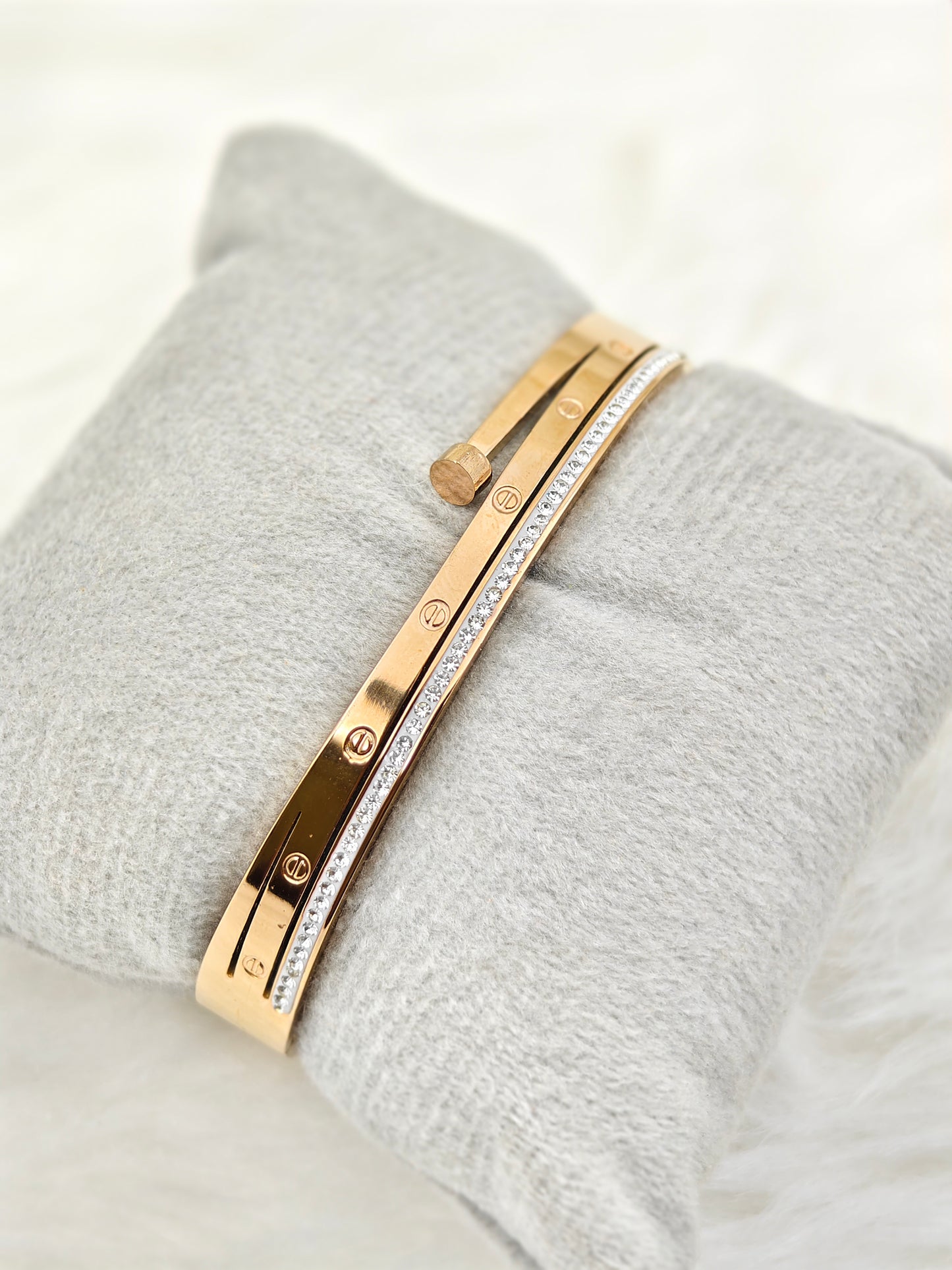18K Rose Gold Plated Anti-Tarnish Crystal-Accented Bangle – Elegant Screw Designer Bracelet for Women RGB505