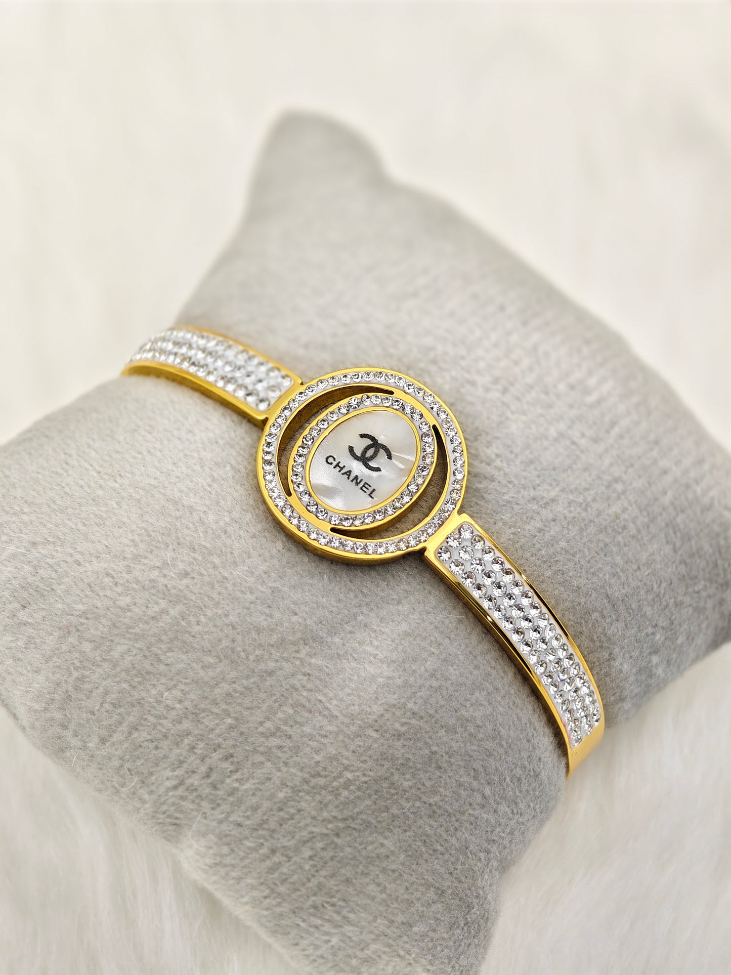 Luxurious 18K Gold Plated Anti-Tarnish Bangle with Chanel Engraving and Crystal Accents RGB247