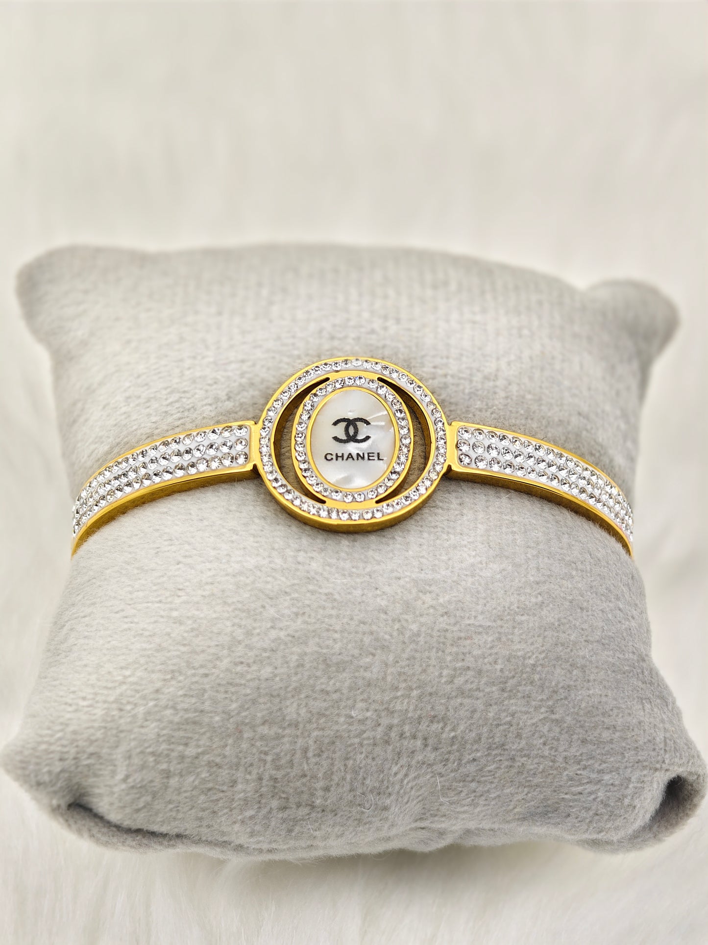 Luxurious 18K Gold Plated Anti-Tarnish Bangle with Chanel Engraving and Crystal Accents RGB247
