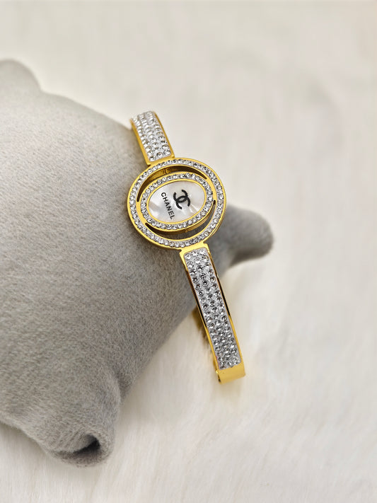 Luxurious 18K Gold Plated Anti-Tarnish Bangle with Chanel Engraving and Crystal Accents RGB247