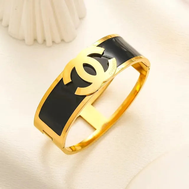 Luxury 18K Gold Plated Anti-Tarnish Bangle – Bold Black Enamel Designer Bracelet with Engraved Channel-Inspired Logo RGB511