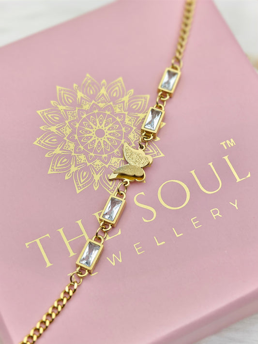 18K Gold Plated Anti-Tarnish Butterfly Chain Bracelet – Stylish Crystal Friendship Jewelry for Girls & Women RGB512