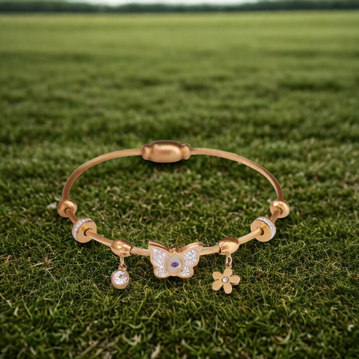 Elegant 22K Gold Plated Butterfly Evil Eye Bracelet for Women – Anti-Tarnish Charm Bracelet with Crystal Accents