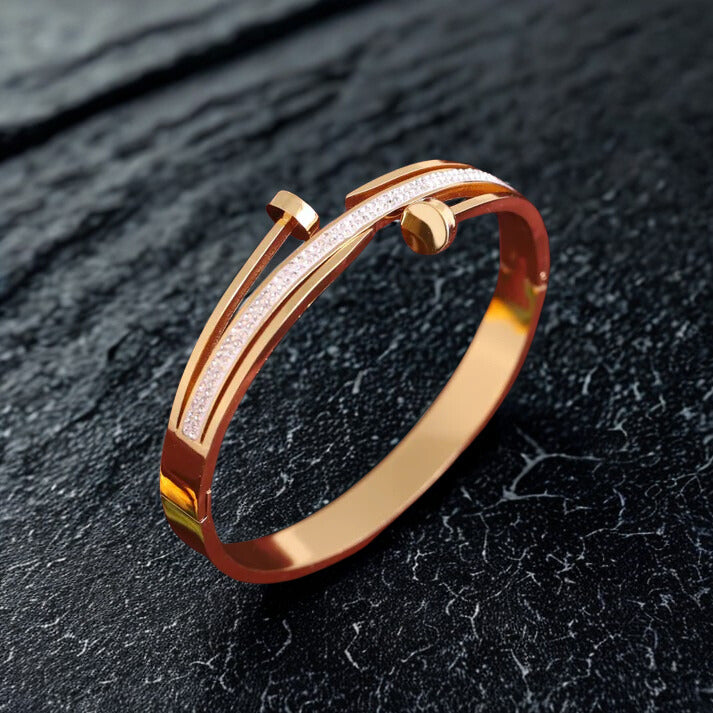 Elegant 22K Gold Plated Anti-Tarnish Classy Bracelet for Women – Designer Bangle with Sleek Nail-Inspired Crystal Design RGB517