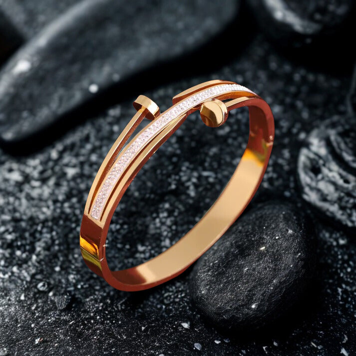 Elegant 22K Gold Plated Anti-Tarnish Classy Bracelet for Women – Designer Bangle with Sleek Nail-Inspired Crystal Design RGB517