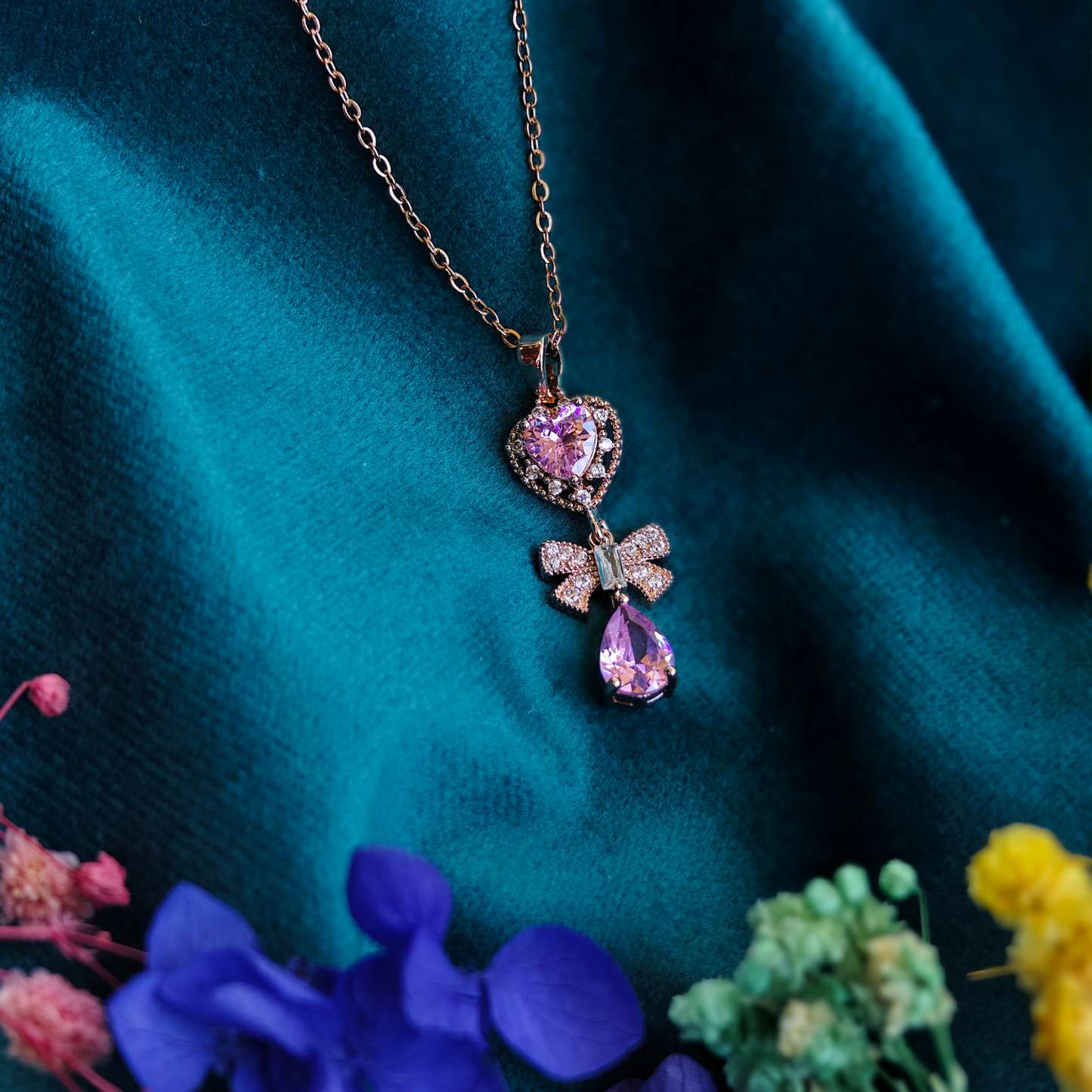 18K Rose Gold Plated Pink Stone Studded Anti Tarnish Butterfly Pendant Necklace RGCP105