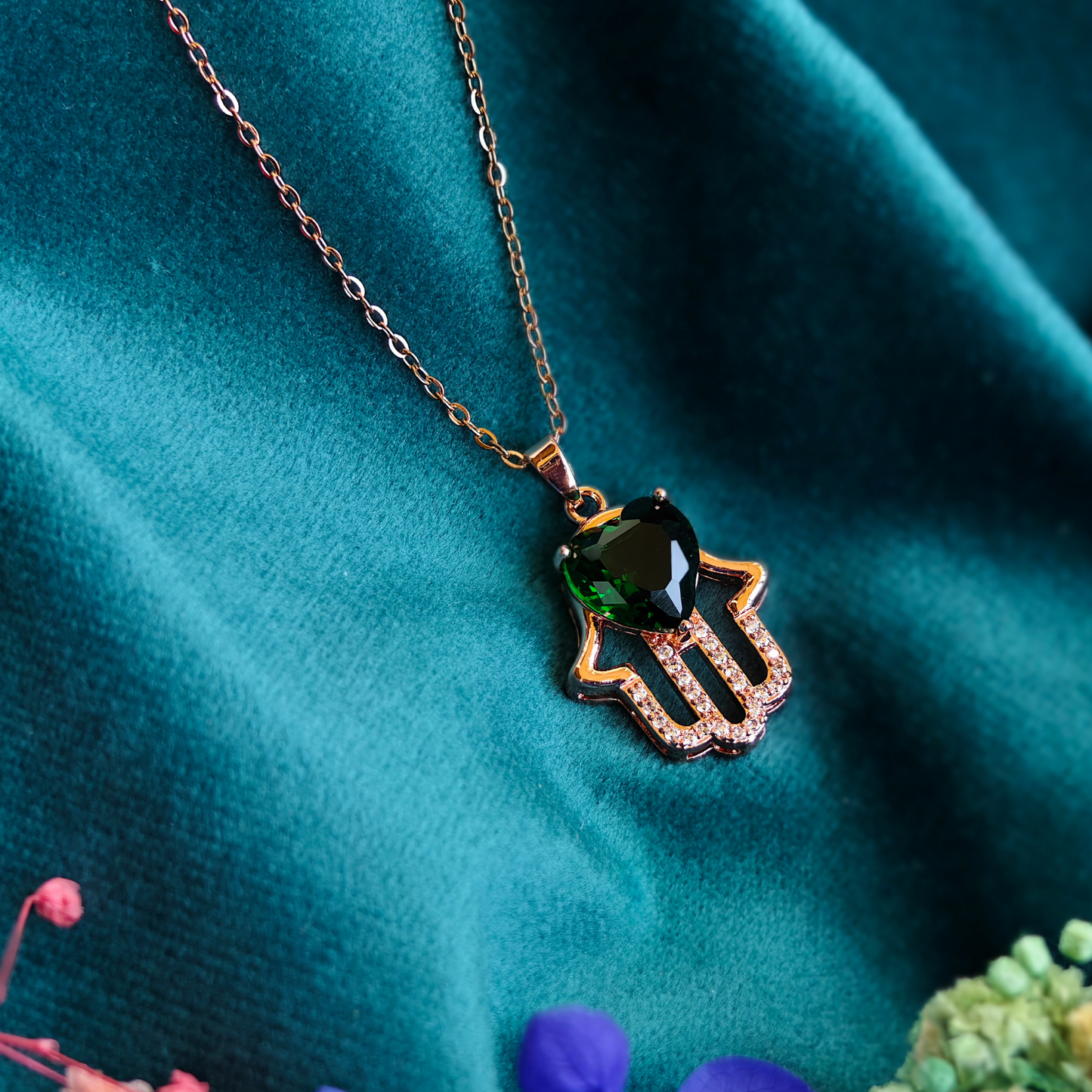 18K Rose Gold Plated Premium Green Stone Anti Tarnish Chain Pendant Necklace RGCP120
