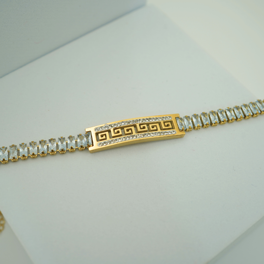 Luxury 18K Gold Plated Unisex Anti-Tarnish Greek Key Crystal Wristlet β Elegant Adjustable Design RGB316