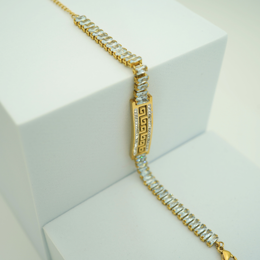 Luxury 18K Gold Plated Unisex Anti-Tarnish Greek Key Crystal Wristlet β Elegant Adjustable Design RGB316