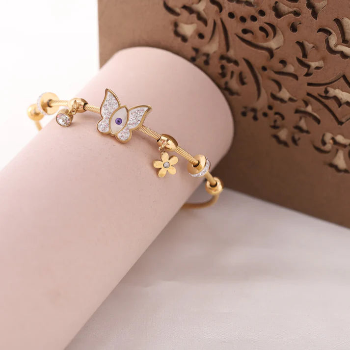Elegant 22K Gold Plated Butterfly Evil Eye Bracelet for Women – Anti-Tarnish Charm Bracelet with Crystal Accents