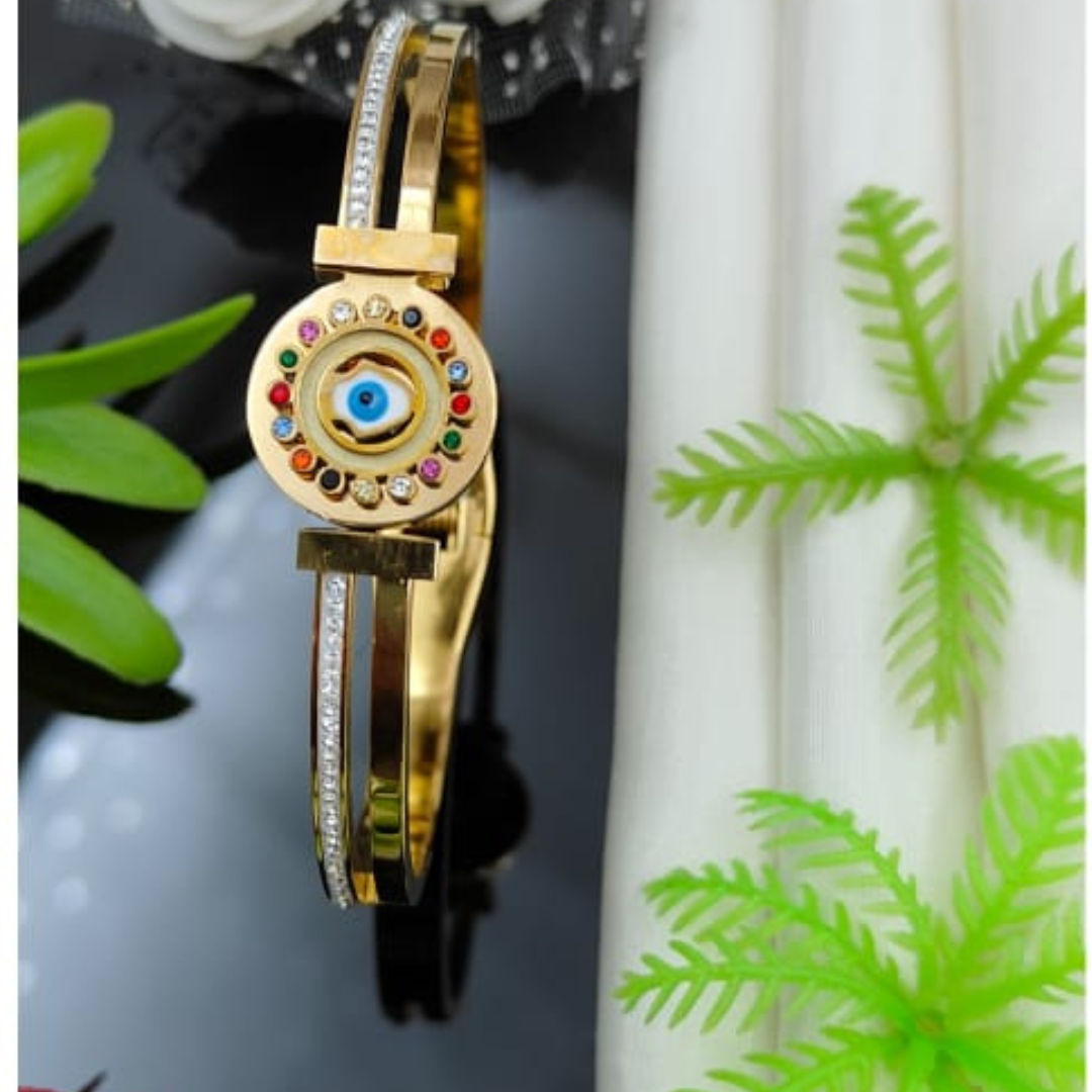 tylish 18K Rose Gold Plated Anti-Tarnish Rotating Evil Eye Bangle with Crystal Details RGB402