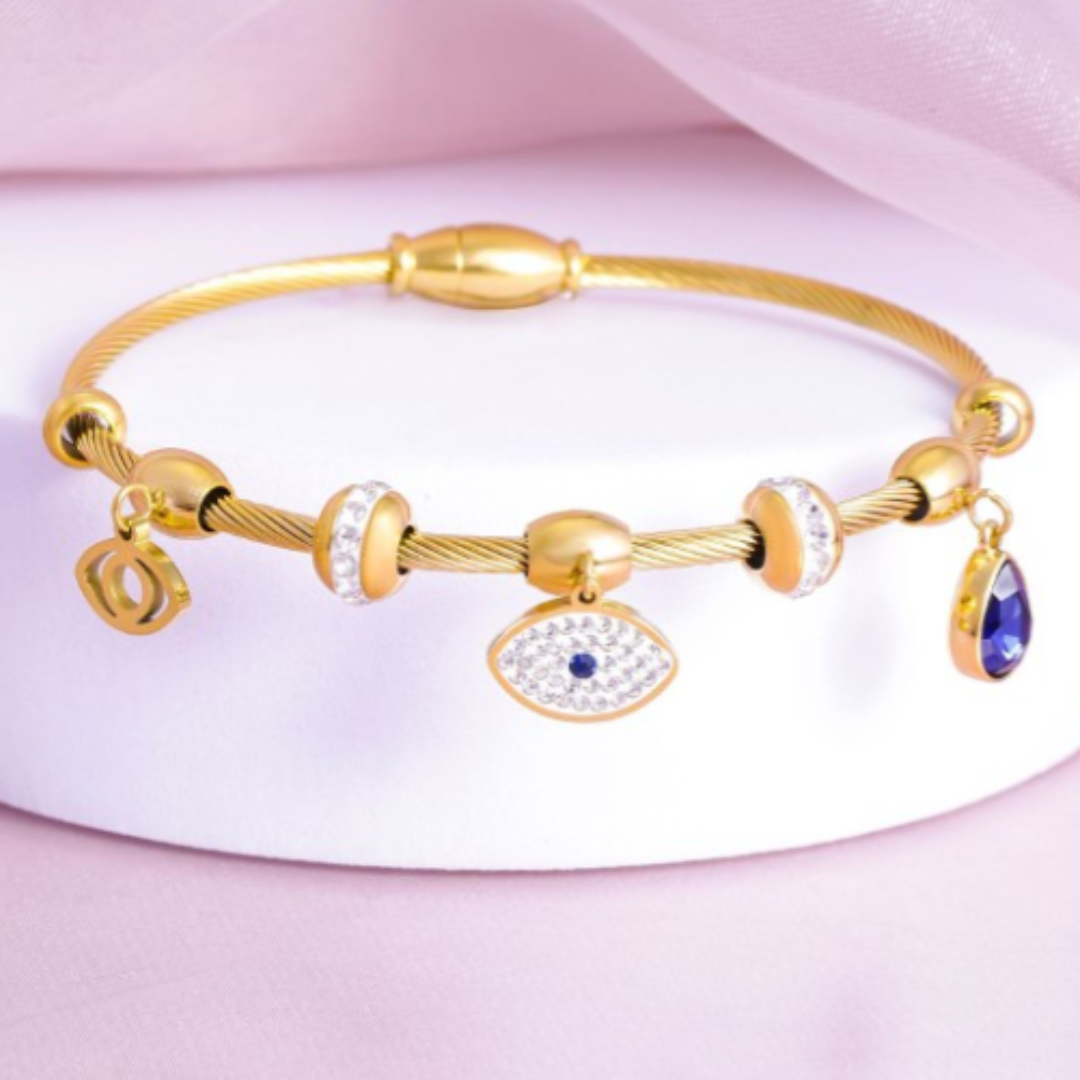 Luxury 22K Gold-Plated Evil Eye Charm Bracelet – Anti-Tarnish Stainless Steel Bangle with CZ Accents RGB430
