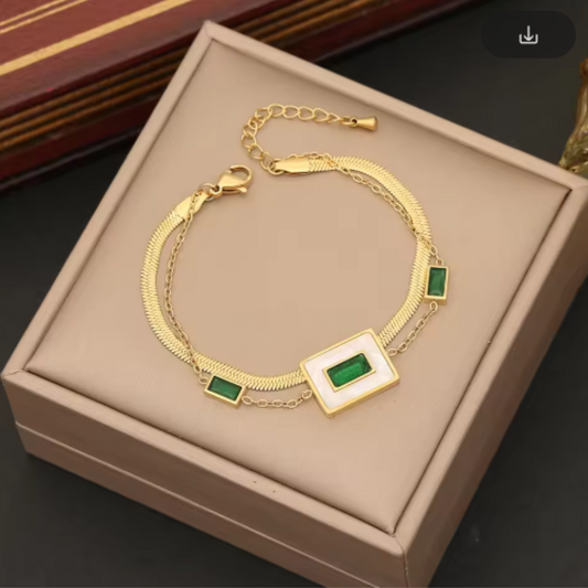 Luxury 18K Gold Plated Anti-Tarnish Double Layer Bracelet with Green Zircon & Shell Charm – Elegant Stainless Steel Jewelry for Women RGB404