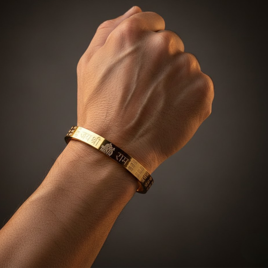 Aurelius 9 DharmaForce Jai Shree Ram Demi-Fine Anti-Tarnish Gold Kada for Men - The Soul Jewellery