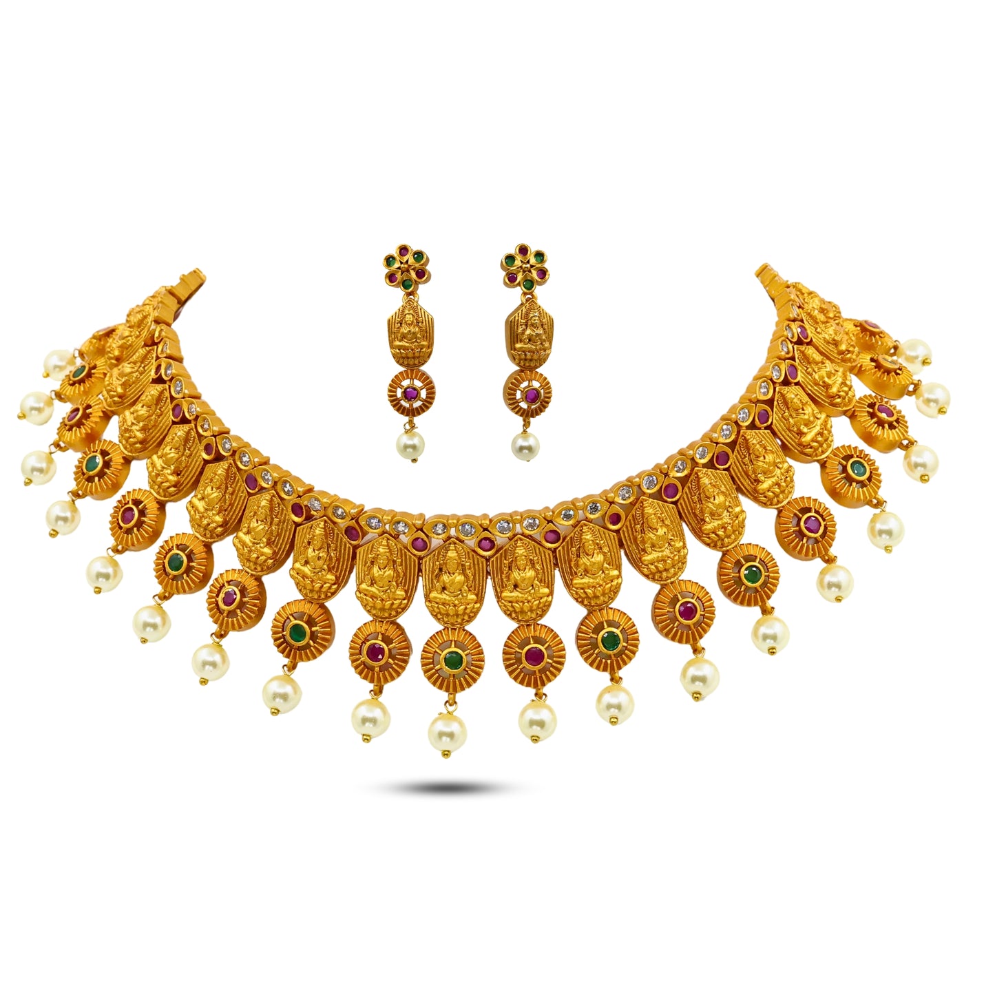 22K Gold-Plated Anisha Choker Temple Necklace Set with Laxmi Devi Motif MGNC101