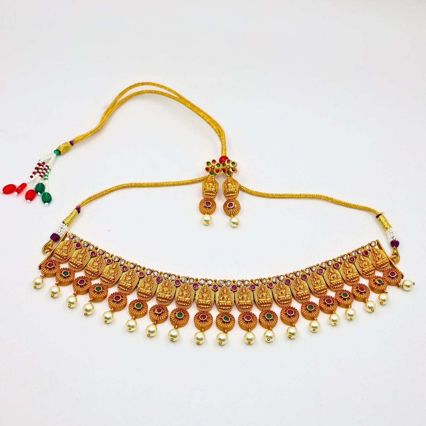 22K Gold-Plated Anisha Choker Temple Necklace Set with Laxmi Devi Motif MGNC101