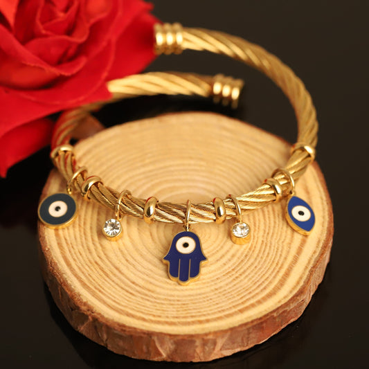 Luxury 18K Gold-Plated Evil Eye & Hamsa Charm Bracelet – Anti-Tarnish Stainless Steel Turkish Bangle for Protection & Style RGB520