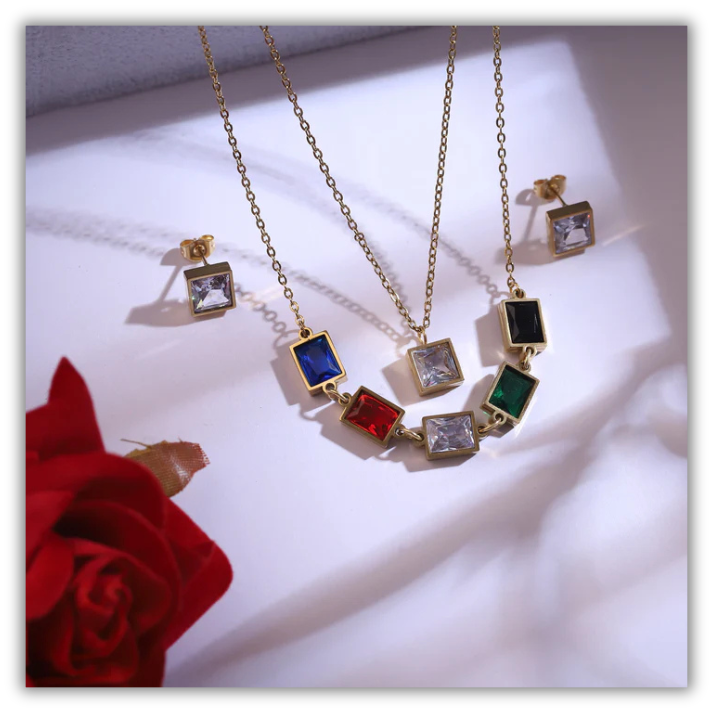 Luxury Gold-Tone Multi-Color Gemstone Necklace & Stud Earring Set – Square-Cut Statement Jewelry for Women ATCP177