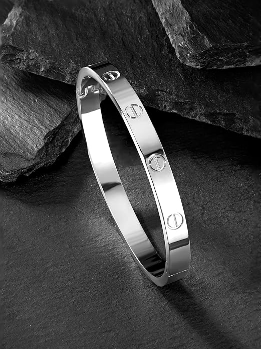 Unisex Silver Kada Bracelet with Cartier Engraving – Stylish Zircon Gemstone Bangle for Men & Women RGB471