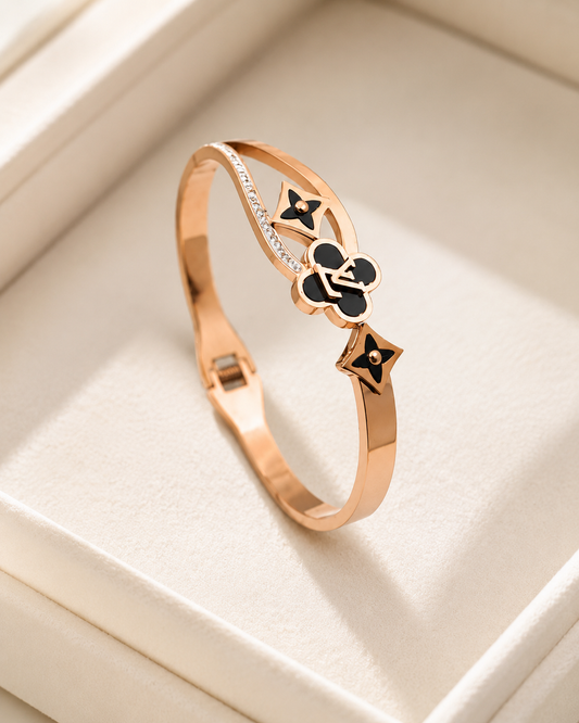 Rose Gold Anti-Tarnish Demi Fine Bangle β Black Enamel & Crystal Openable Designer Bracelet for Women