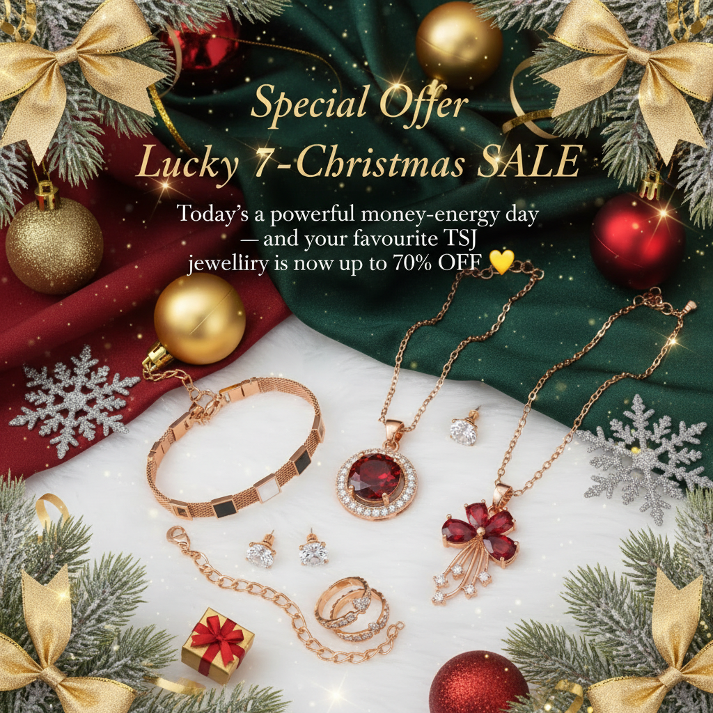 gHeading -
Special Offer Lucky 7-Christmas SALE , uptoSubheading Today’s a powerful money-energy day — and your favourite TSJ jewellery is now up to 70% OFF 💛 use antitarnish bracelet, antitarnish chain pendant from the library