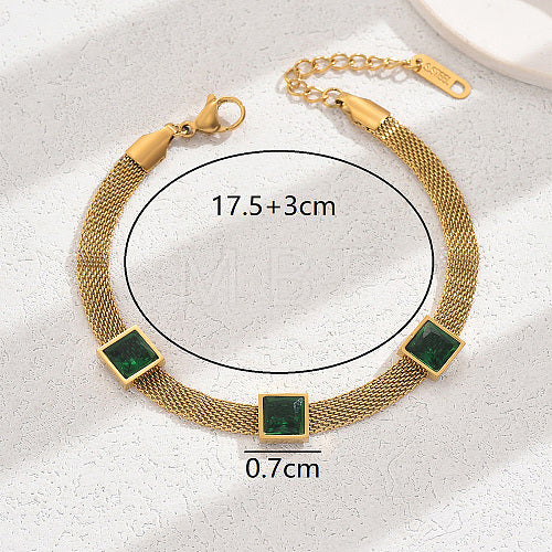 Luxury 18K Gold Plated Anti-Tarnish Green Crystal Bracelet – Elegant Mesh Chain Design for Women