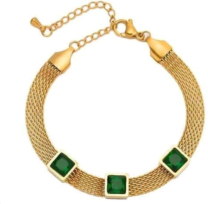 Luxury 18K Gold Plated Anti-Tarnish Green Crystal Bracelet – Elegant Mesh Chain Design for Women