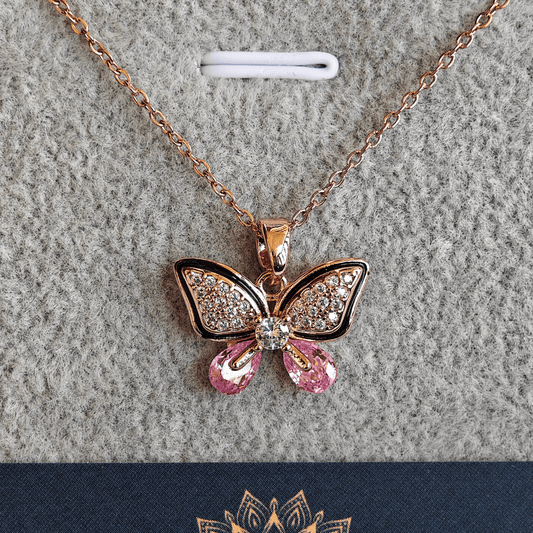 Pink Crystal Butterfly Anti Tarnish Pendant Necklace Rose Gold RGCP140 - The Soul Jewellery