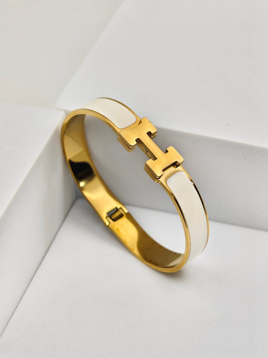 AuraLuxe Harmony 6™ Demi - Fine H Bracelet | 18K Gold Plated Anti - Tarnish Stainless Steel White Enamel Cuff for Women - The Soul Jewellery