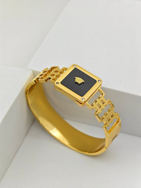 Imperial Prosperity 8™ Black Enamel Medusa H Cuff Bracelet for Men – Anti-Tarnish Demi-Fine Kada - The Soul Jewellery