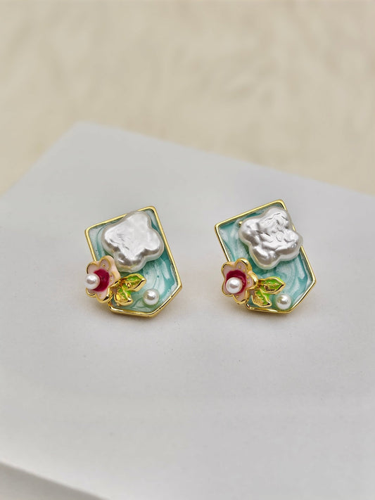 Demi - Fine Gold - Toned Enamel & Pearl Stud Earrings | Vintage Floral Statement Stainless Steel Jewelry - The Soul Jewellery