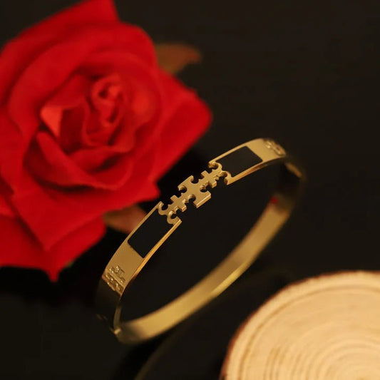 18K Gold Plated Troy Engraved Anti - Tarnish Puzzle Charm Bracelet | Stainless Steel Unisex Bangle - The Soul Jewellery