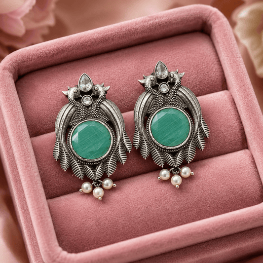 Green Stone Oxidised Peacock Earrings for Women β Vintage Pearl Drop Boho Earrings - The Soul Jewellery