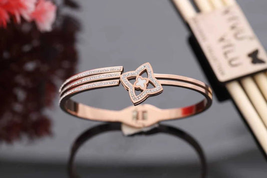 Luxury Rose Gold Clover Bangle Bracelet with CZ Accents | Anti - Tarnish Elegant Bracelet for Women - The Soul Jewellery