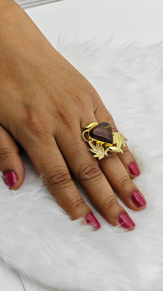 Gold - Plated Brass Ring Triangle Brown Natural Stone – Leaf Motif Adjustable Statement Ring for Women - The Soul Jewellery