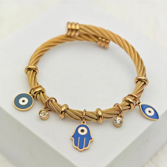 Elegant 18K Rose Gold - Plated Evil Eye & Hamsa Charm Bracelet – Anti - Tarnish Stainless Steel Turkish Bangle RGB420 - The Soul Jewellery