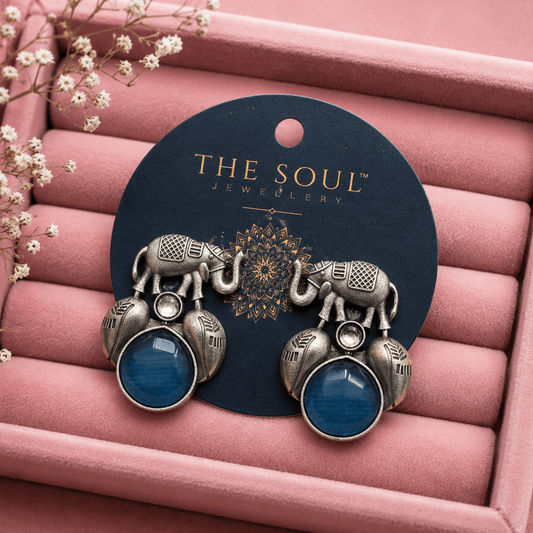 Blue Stone Elephant Oxidised Earrings for Women β Tribal Boho Earrings | Antique Silver Replica - The Soul Jewellery