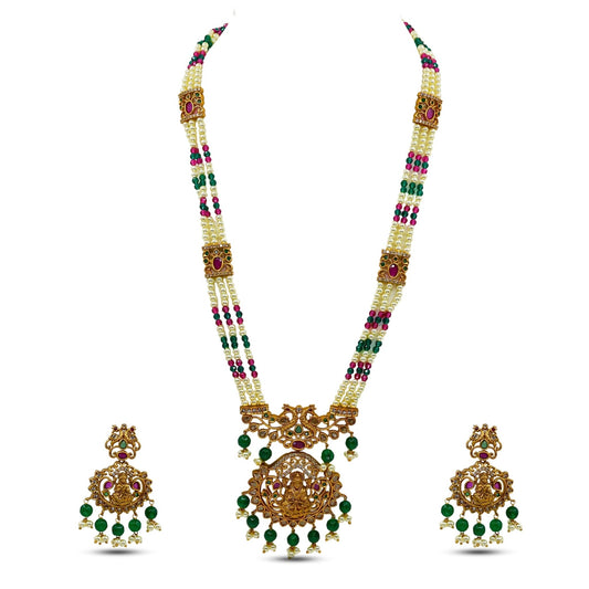 Ambuja Antique Matte Gold Plated Long Temple Necklace Set with Lakshmi Idol & Peacock Design - The Soul Jewellery