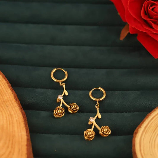 Luxury Gold Plated Rose Flower Drop Earrings – Elegant Anti - Tarnish Stainless Steel with Crystal Accents ATER221 - The Soul Jewellery