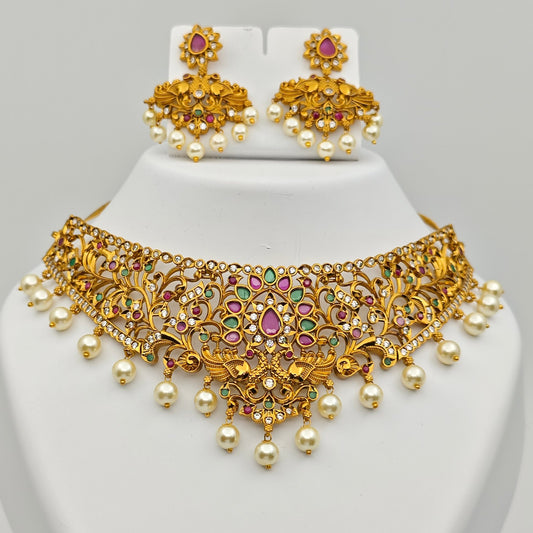 Vasudha Antique Nakshi Choker Set with Intricate Pearl and Ruby Accents – Traditional Temple Jewelry MGNC319 - The Soul Jewellery