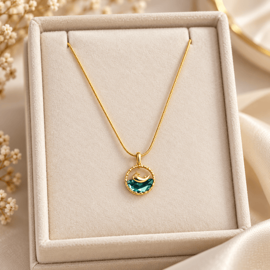 Gold-Tone Stainless Steel Green Crystal Crescent Pendant Necklace for Women - Soul Jewellery
