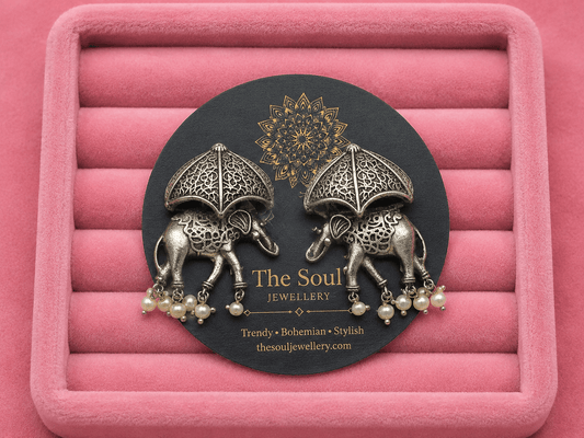 Gajraj Umbrella Oxidised Earrings for Women β Vintage Silver Elephant Pearl Drop Statement Earrings - The Soul Jewellery