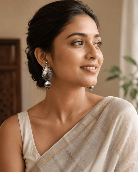 Antique Dual Tone Floral Drop Earrings for Women | Oxidized Silver & Gold Ethnic Earrings - The Soul Jewellery