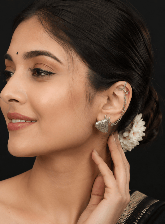 Vintage Oxidized Silver Replica Ear Cuff Chain Earrings for Women | Tribal Boho Statement Earrings - The Soul Jewellery