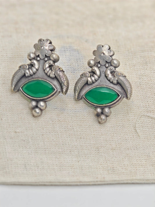 Antique Peacock Silver Replica Earrings with Green Stone | Ethnic Earing for Women | Hypoallergenic - The Soul Jewellery