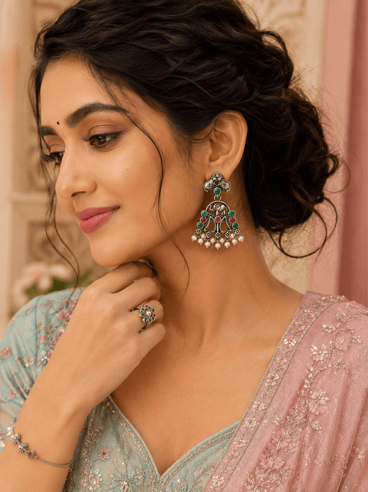 Oxidised Elephant Pearl Earrings for Women – Boho Tribal Earrings with Green & Red Stones - The Soul Jewellery